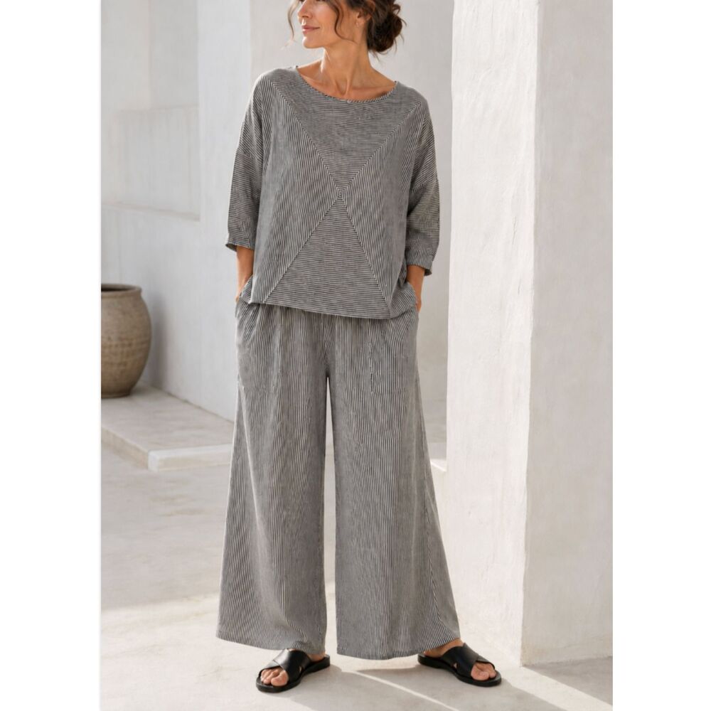 South Street Linen Black Stripe Linen 2 Pc Pants Set Lagenlook Made in USA Sz L